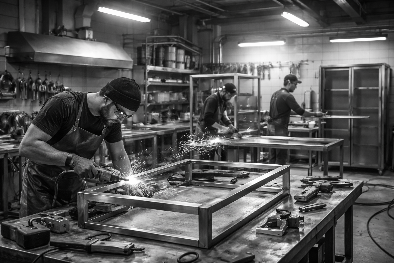 craftsmen at work in steel workshop